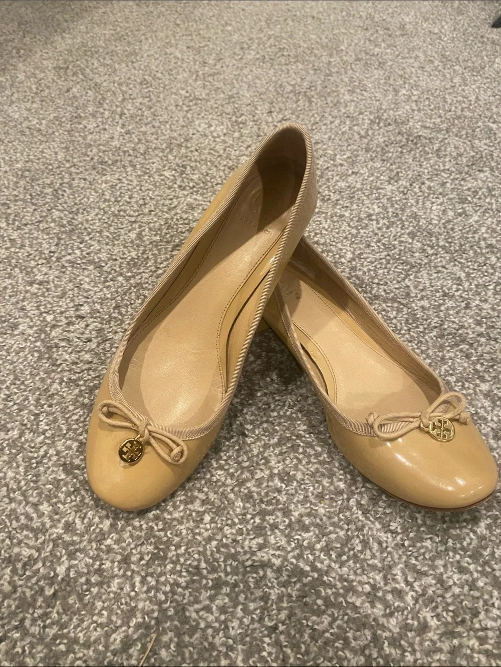 Tory Burch Nude Patent Leather Low Block Heel Ballet Flats with Logo